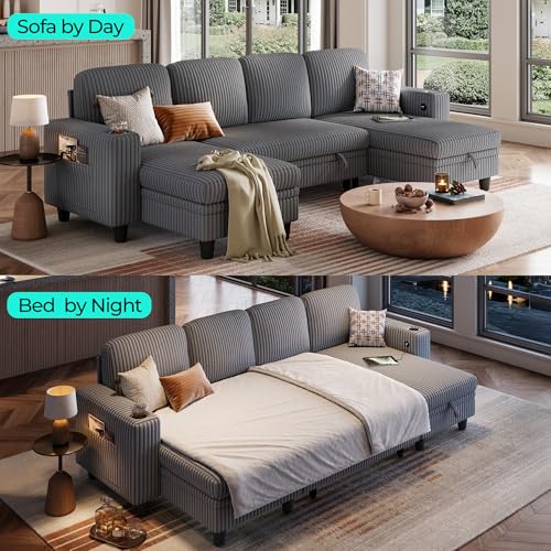 LINSY HOME Sectional Sleeper Sofa with Pull Out Couch Bed Convertible Plush Corduroy Cloud Couch with Storage Chaise & USB Charging, Comfy L Shaped Modular Couches for Living Room Apartment (Grey)