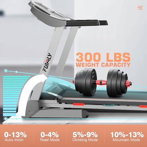 FUNMILY Treadmill with Auto Incline 13%, Foldable Treadmills for Home/Office/Gym, 300 lbs Weight Capacity, Walking Pad Running Machine with Shock Absorbent, Built-in Speaker, Smart App, LCD Display