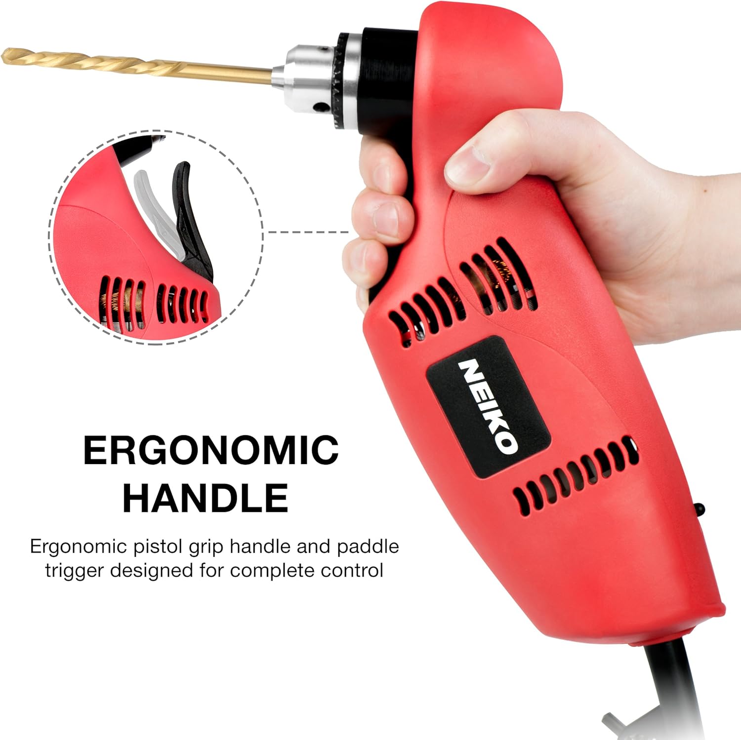 NEIKO 10529A 3/8" Close Quarter Angle Power Drill | 55-Degree Angle | Variable Speed (0-1400 RPM) | 120 Volt Pack of 2