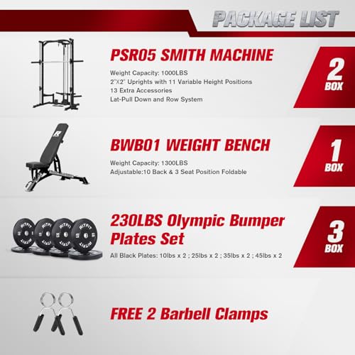 RitFit Smith Machine Power Rack with LAT-Pull Down System, Landmine, Barbell Bar, Plate Storage Pegs and More Training Attachment