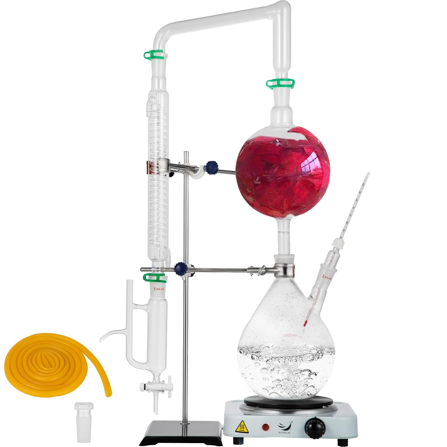VEVOR 2L Essential Oil Distillation Apparatus Lab Glassware Distillation Kit Water Distiller Purifier with Hot Stove Condenser S35 & 24 or 40 Joint