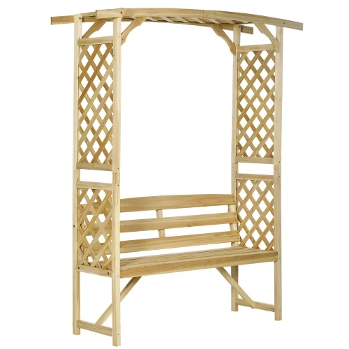 Buumin Outsunny Patio Garden Bench Arbor Arch with Pergola and 2 Trellises, 3 Seat Natural Wooden Outdoor Bench for Grape Vines & Climbing Plants, Backyard Decor, Natural - Curated Treasures Market
