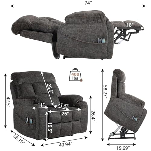 Light Grey Recliner Chair for Elderly | Tall and Big Man 400lbs | Chenille | Power Lift, Lay Flat, Stand Up, Wireless Charging Device, Extended Footrest, Massage Heat, Cup Holder, Lumbar Pillow