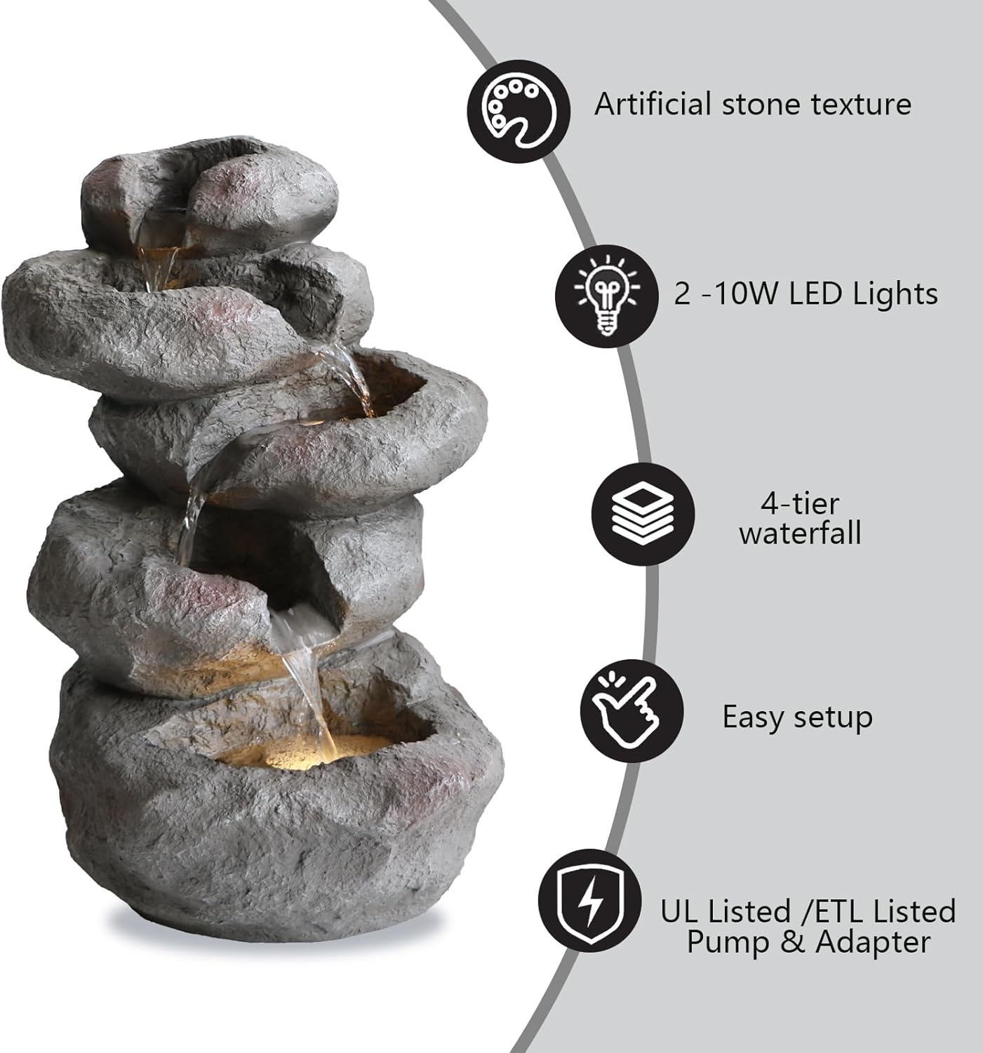 Tower Rock Fountain Fountain with LED Lights, Lighted Cascade Waterfall Freestanding Fountains 5-Tiered Stacked Rocks Outdoor Fountains for Patio and Garden Decor Deep Grey
