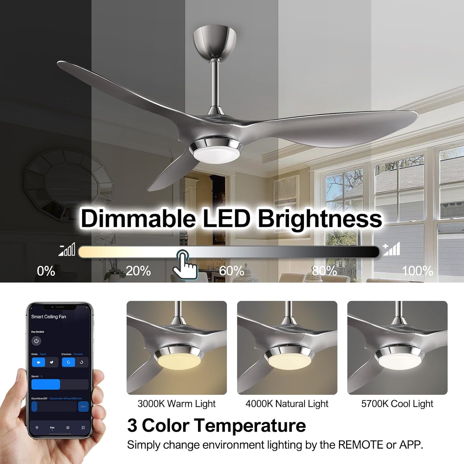 reiga 52 Inch Modern Smart Ceiling Fan with Light and Remote Control, Living Room Bedroom 3 Blade Ceiling Fans with Reversible Quiet DC Motor, Silver
