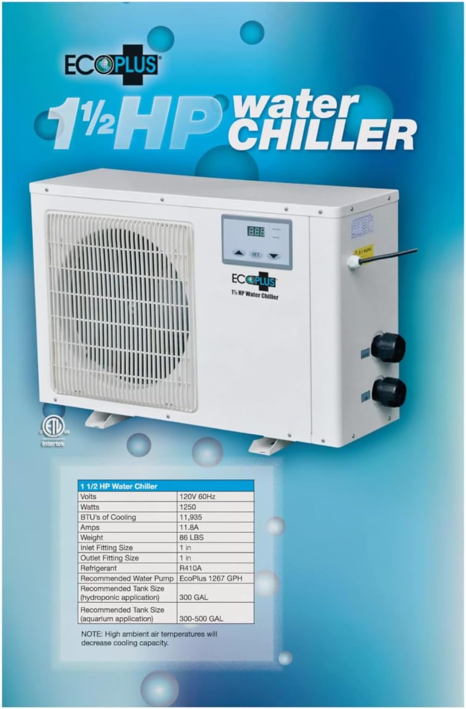 EcoPlus Commercial Grade Water Chiller, Cooler for Reservoirs, Hydroponics, and Aquariums, 1 ½ HP