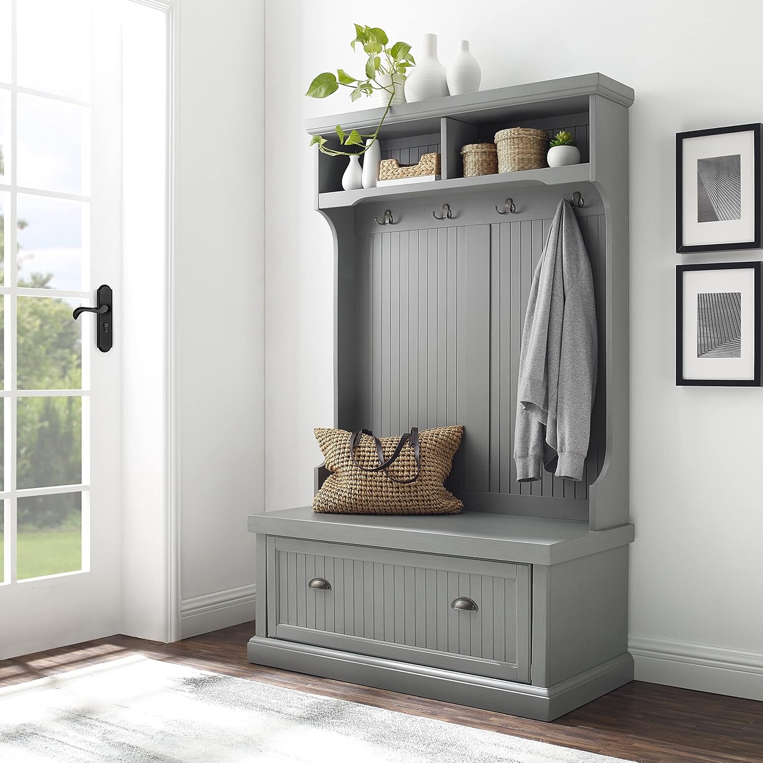 Crosley Furniture Seaside Hall Tree, Entryway Bench with Coat Rack and Shoe Cabinet, Distressed Gray