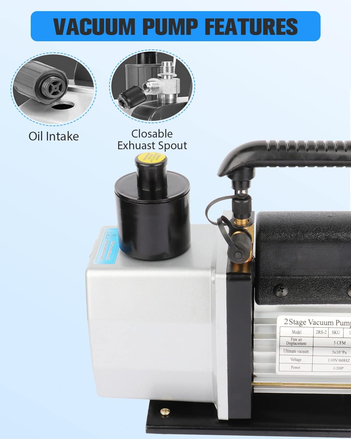 110V 5 CFM Vacuum Pump Rotary Vane 1/2HP for A/C HVAC Auto Repair R410a R134 with Oil Bottle