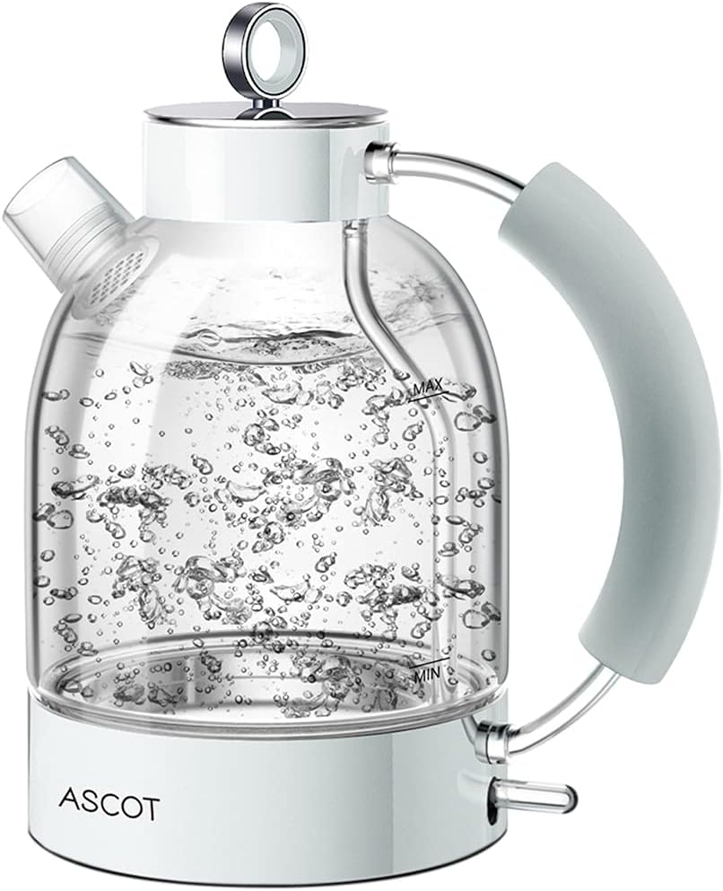 Electric Kettle, ASCOT Glass Electric Tea Kettle 1.7L, 1500W, Stainless Steel Tea Heater & Hot Water Boiler, Borosilicate Glass, BPA-Free, Cordless, with Auto Shut-Off and Boil-Dry Protection-Beige Pack of 2