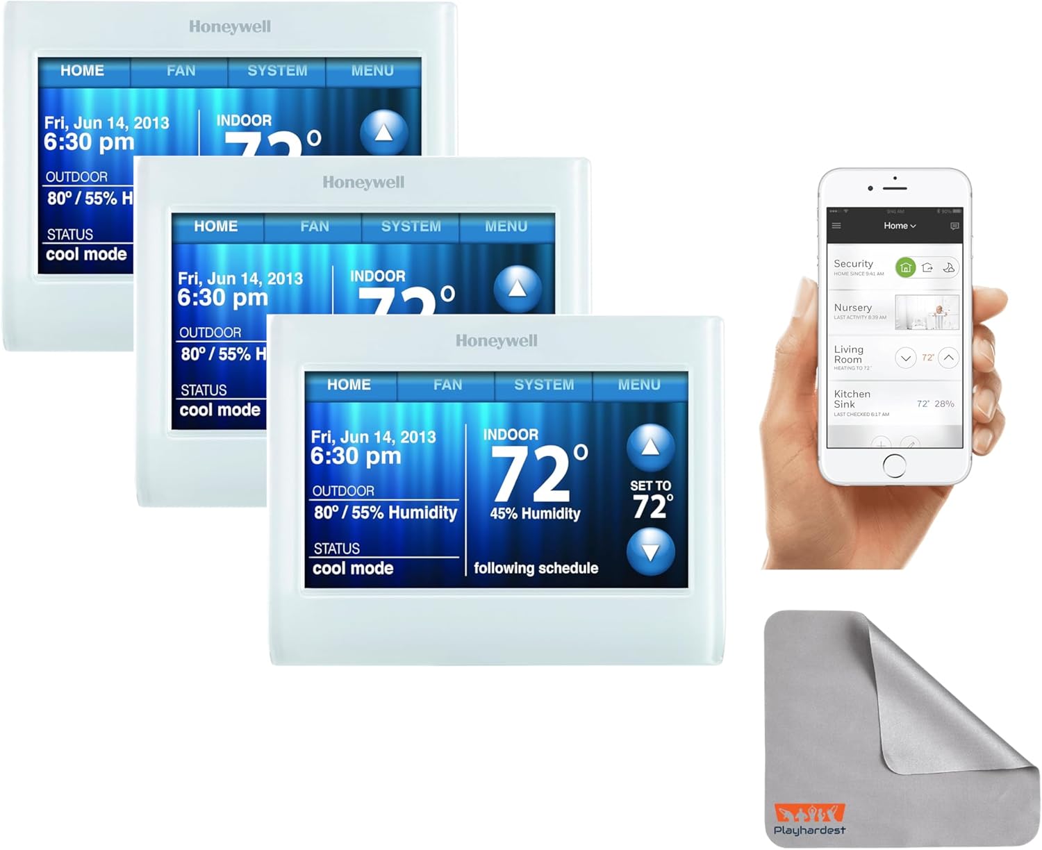 Honeywell TH9320WF5003 Wi-Fi 9000 Color Touch Screen Programmable Thermostat, White, Requires C Wire 3 Pack with Extended 5-Year Warranty