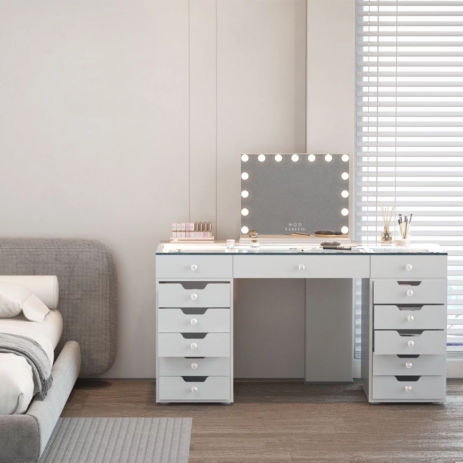 VANITII 13 Drawers Modern Makeup Vanity Table Desk with Lights Charging Port Stainless, for Bedroom