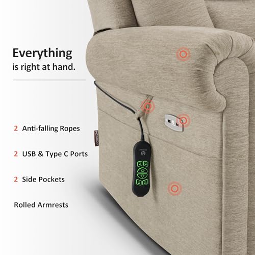 MCombo Triple Motor Power Lift Recliner Chair with Massage and Lumbar&seat Heating, Rolled Arms, Adjustable Headrest for Elderly People, Fabric 7888 (Coffee, Medium)