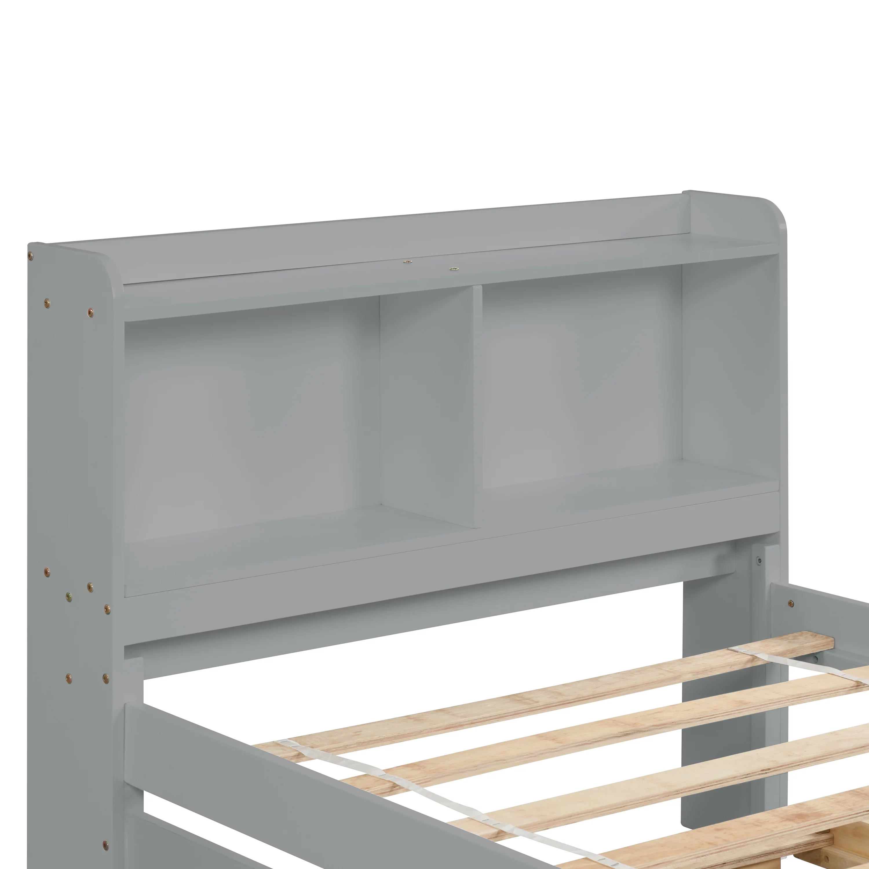 Twin Bed with Storage , Solid Wood Twin Size Bed Frame with 2 Bookcase Headboard , Twin Size Platform Bed with Trundle,Bookcase,Grey