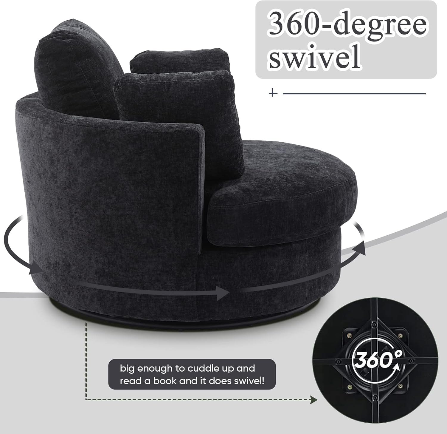 Swivel Barrel Chair for Living Room, Modern Round Swivel Chair Sofa Chair Chenille Club Chair Boucle Chair Armchair Decorative Furniture Nursery Chair, Bedroom, Classroom Corner Chair (Black)