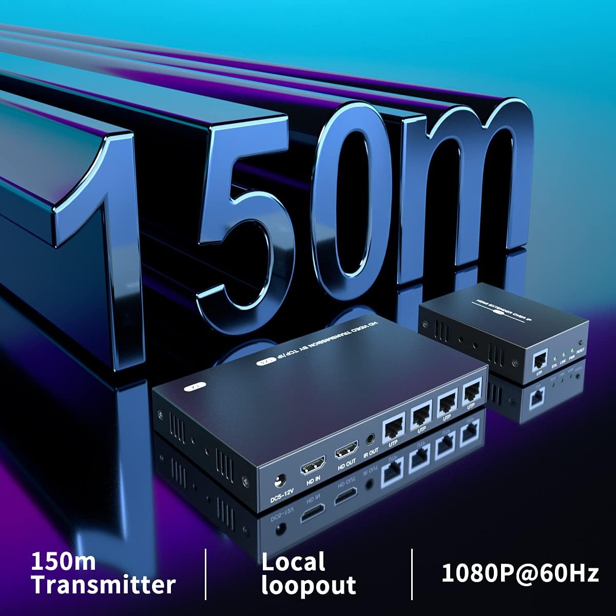 HDMI Extender Splitter 1x2 1080P@60Hz Over Cat 5E/6/7 Ethernet Cable 50m (165ft) Support 2 HDMI loopout EDID Copy POC Function (1 in 2 Out)
