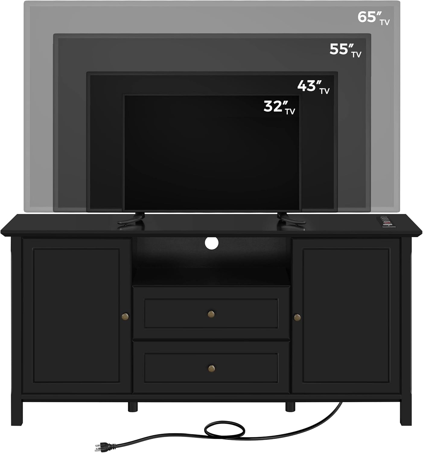 Topeakmart Black Media Entertainment Center with Power Outlet & Storage Cabinets, Elegant TV Stand with Adjustable Shelves for Living Room, 58 in TV Console Table for TVs up to 65 in
