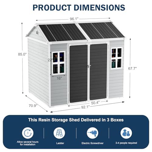 CDCASA 8x6 FT Resin Storage Shed, Waterproof Large Outdoor Sheds with Floor & Lockable Door & 2 Windows, Plastic Tool Shed for Outside, Backyard, Patio, Poolside, Bike, Dove Grey