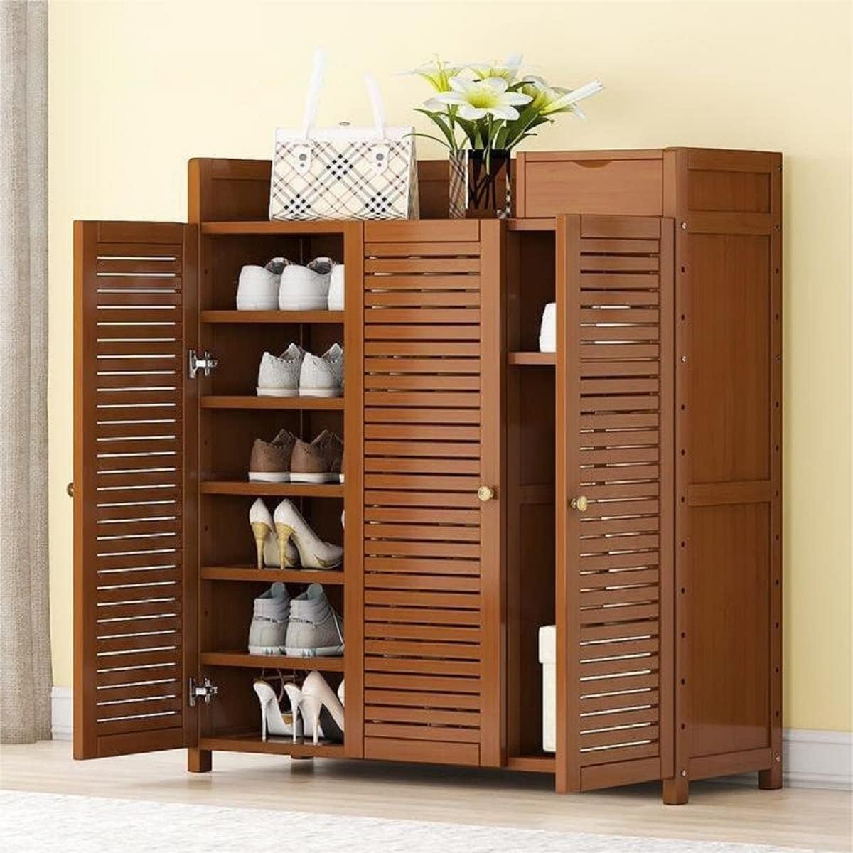 Gdrasuya10 Bamboo Entryway Shoe Storage Cabinets, 7 Tier Freestanding Shoe Cabinet Rack Organizers with Doors Space Saving for Shoes Slippers Boots Sneakers Large Capacity