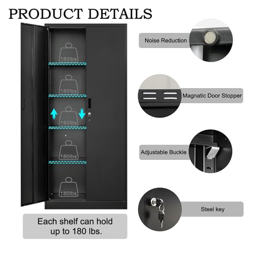 Metal Storage Cabinet, 72" Lockable Garage Tool Cabinet with Doors and Shelves, Tall Steel Cabinet for Garage, Locking Storage Cabinet for Home, Office, Garage, Gym, School（White）
