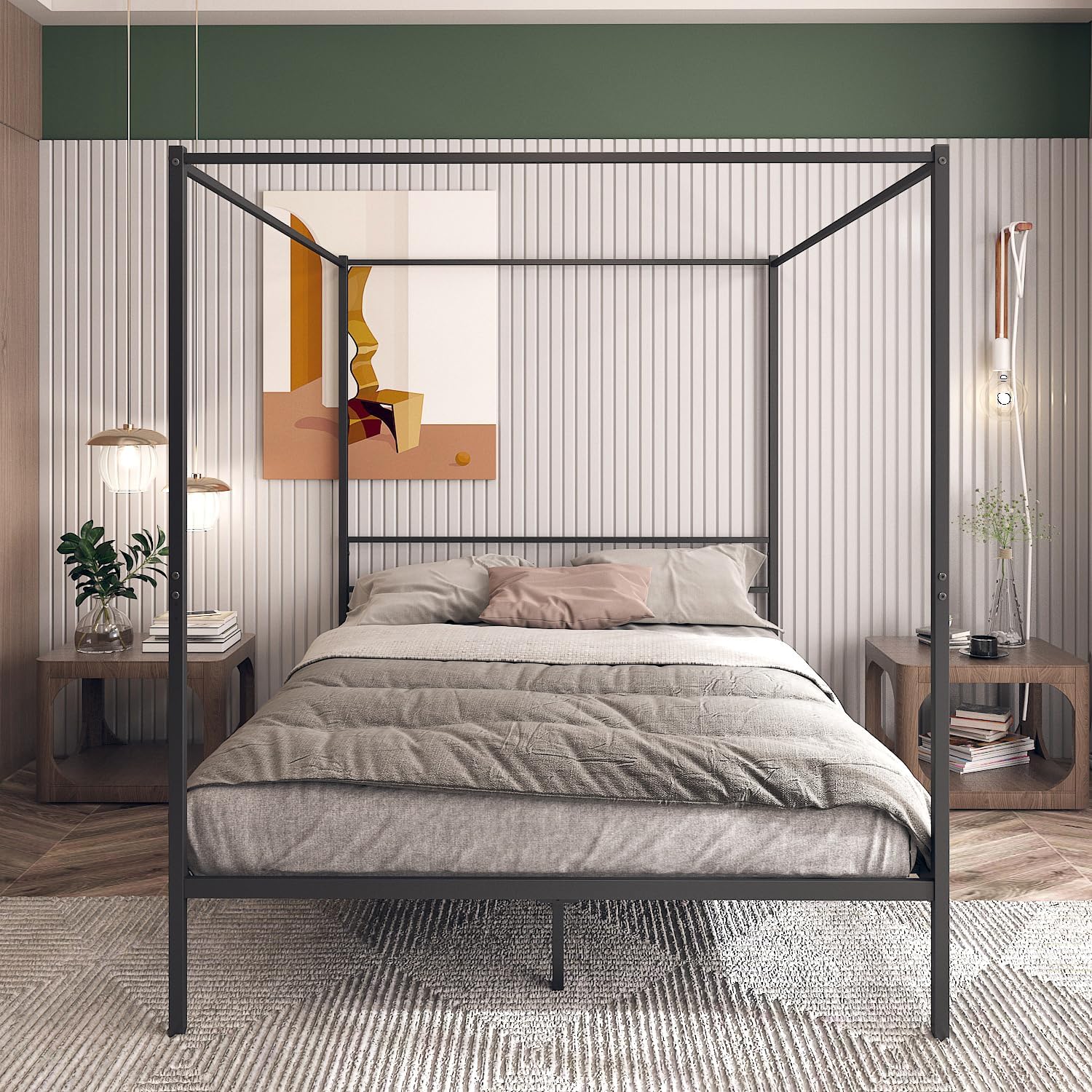 Queen Size Black Metal Canopy Bed Frame - Modern 4 Poster Design with Headboard and Corner Posts for Contemporary Elegance