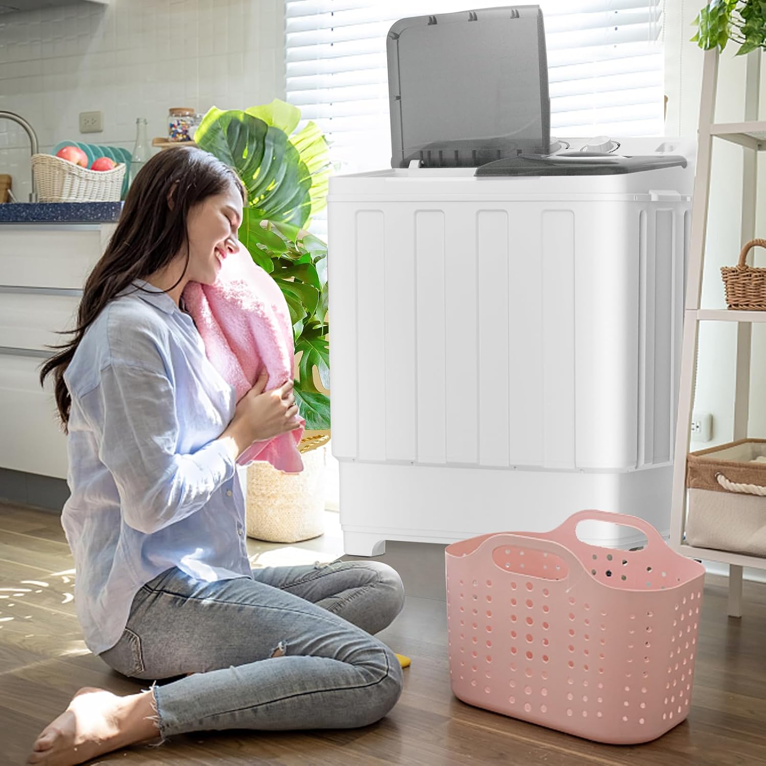 linor Portable Washing Machine, 2 In 1 Washing Machines, Twin Tub Compact Washer 28lbs Capacity, Laundry Washer with Control Knobs/Timer Function/Drain Pump, Washer and Dryer Combo for Apartment