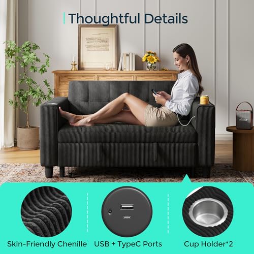 LINSY 3-in-1 Convertible Sofa Bed, 54" Pull Out Sleeper Sofa with Charging Station & Cup Holder, Small Folding Loveseat with Side Pocket for Small Space, Corduroy Couch, Green