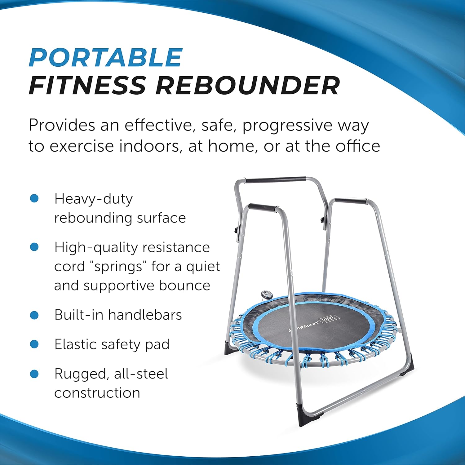 JumpSport Home 125 Fitness Trampoline - Exercise Trampoline with Handlebars - Fitness Rebounder for Home Workout - Up to 250 lbs Weight Capacity