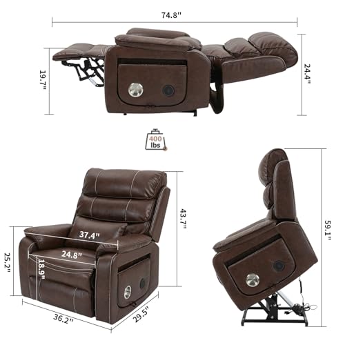 Light Grey Recliner Chair for Elderly | Tall and Big Man 400lbs | Chenille | Power Lift, Lay Flat, Stand Up, Wireless Charging Device, Extended Footrest, Massage Heat, Cup Holder, Lumbar Pillow