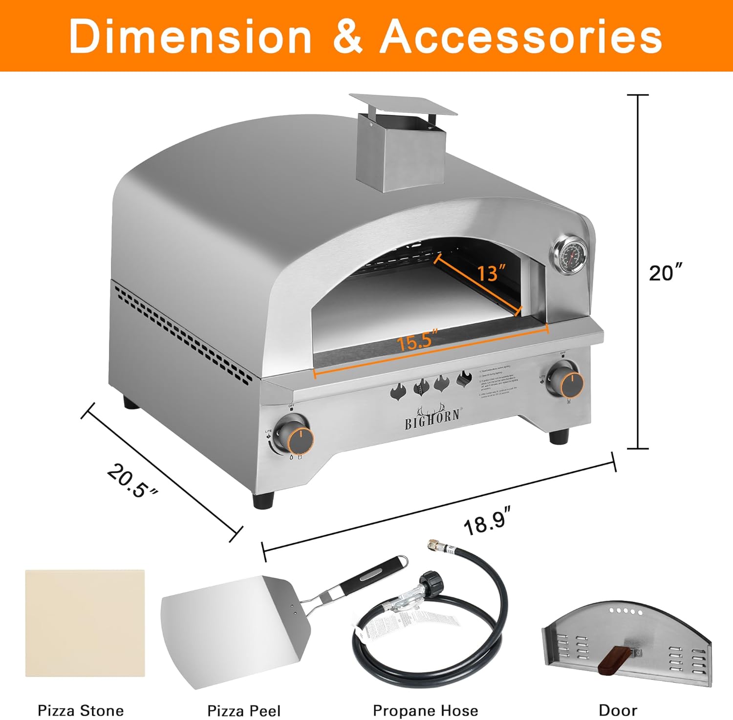 BIG HORN OUTDOORS Gas Pizza Oven Countertop Stainless Steel Propane Pizza Oven with 13" Pizza Stone & Foldable Pizza Peel