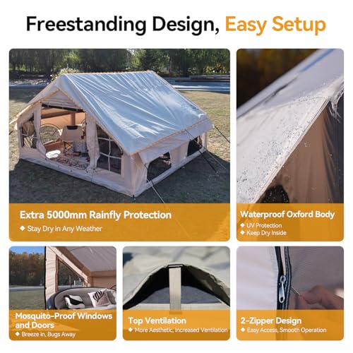 Inflatable Camping Tent with Pump,4-6 Person Waterproof Blow Up Air Tent for Camping Hiking,Easy to Set Up 4-Season Inflatable House Tent with Oversized Canopy.