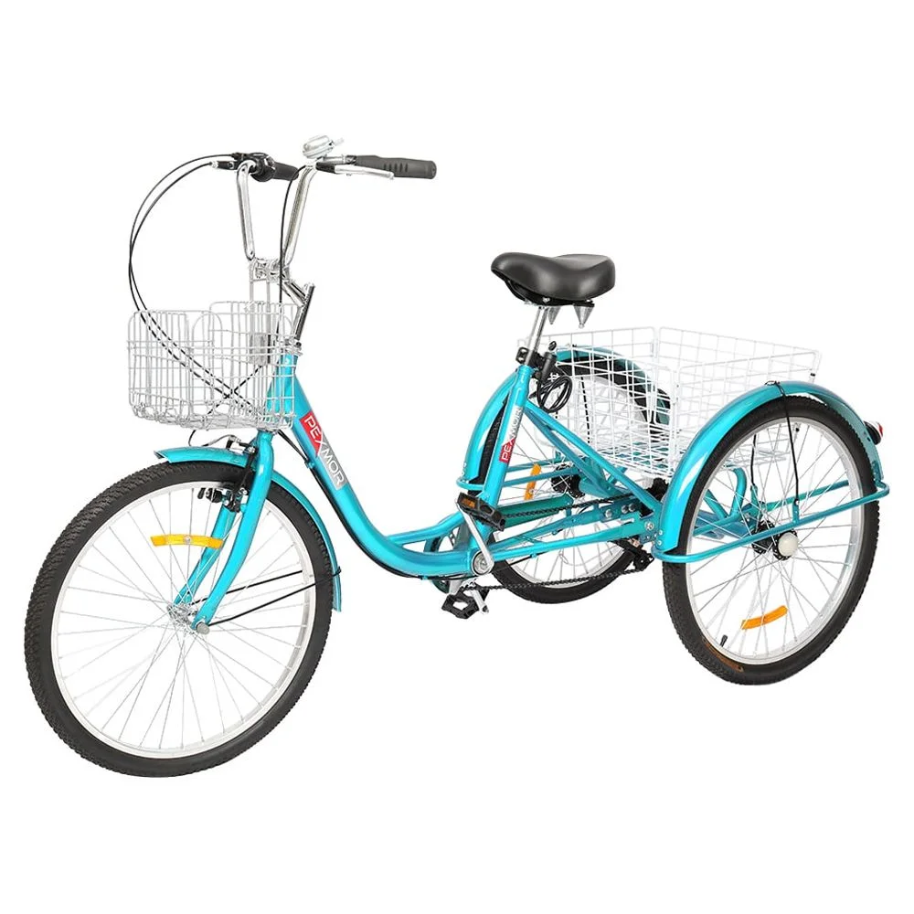 PEXMOR Adult Trike 7 Speed, 24/26 Inch Tricycle for Adult Three-Wheeled Cruiser Bike w/ Folding Front & Rear Basket Adjustable Height Seat for Recreation, Shopping Men's Women's Bike