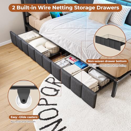 DICTAC Corner Full Bed Frame with 2 Storage Drawers and Charging Station Full Size Platform Bed Frame with Led Lights and Upholstered Guardrail Daybed for Living Room, Bedroom and Guest Room, Gray