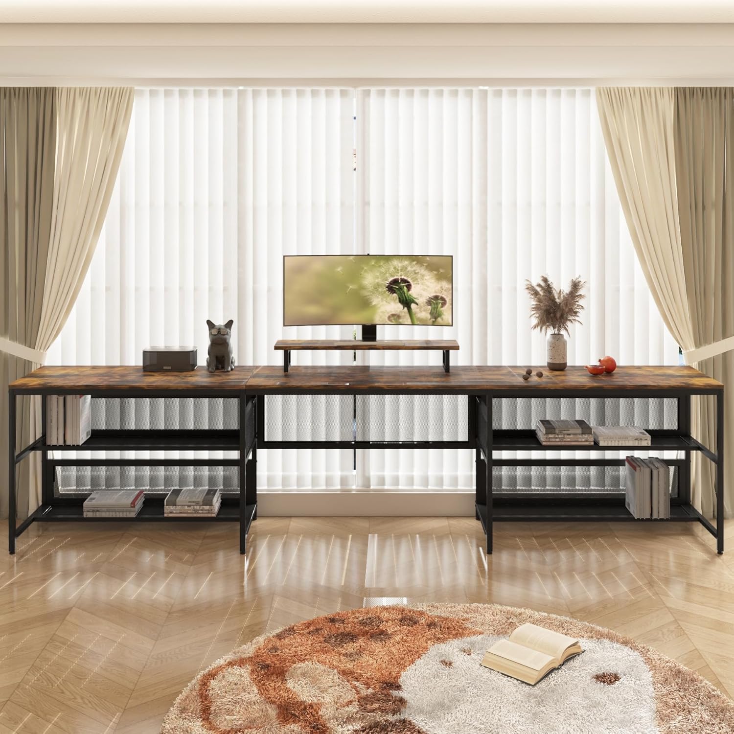 U-Shaped Desk with Shelve and LED Lights