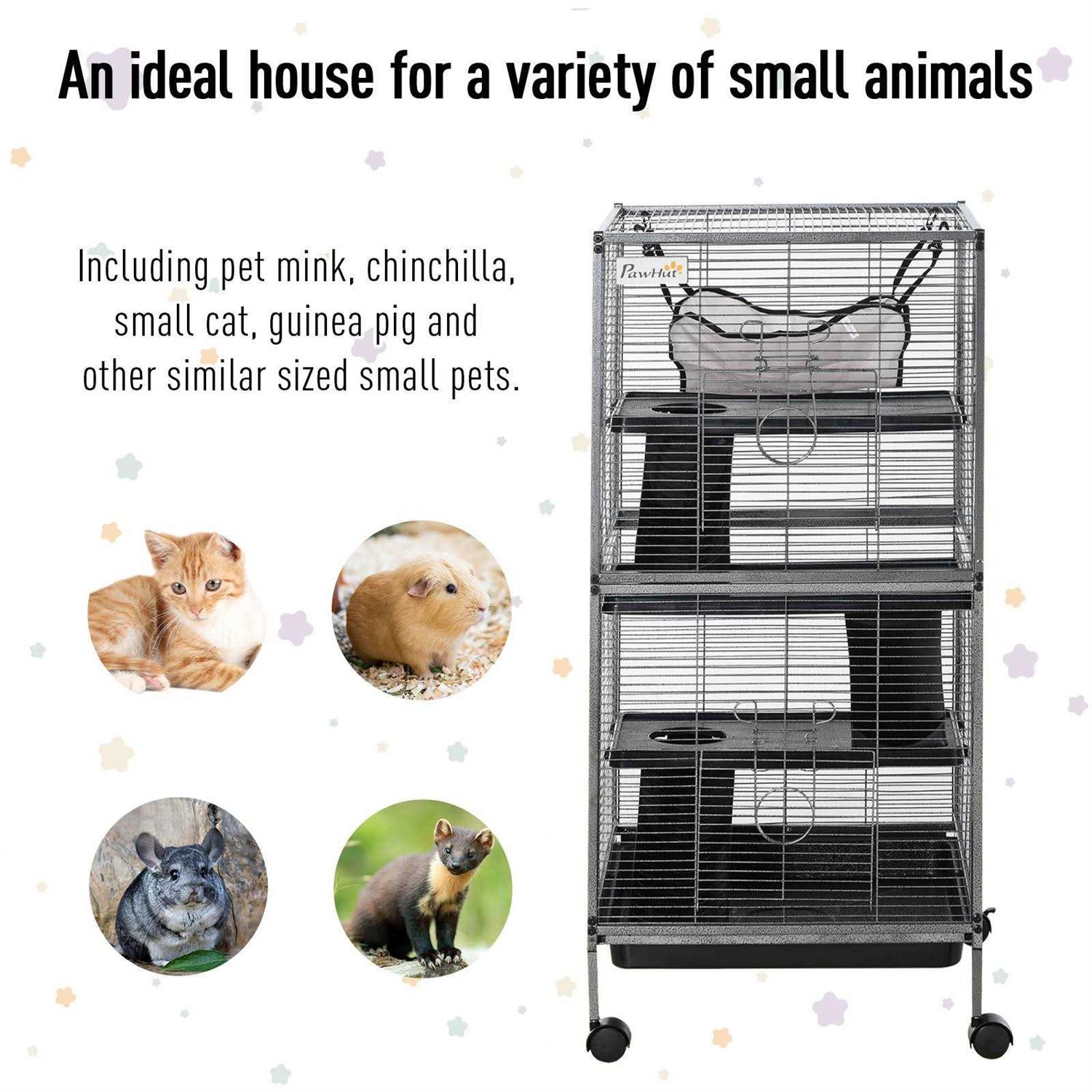 PawHut Rolling Small Animal Cage Pet for Rabbits, Chinchillas, Ferret with Wheels, Hammock, 4 Platforms and Removable Tray - Pet Supplies online store