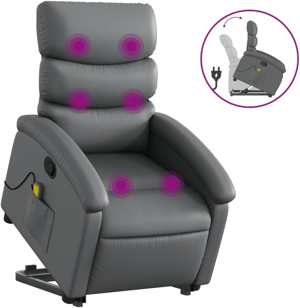 vidaXL Stand-Up Gray Faux Leather Power Lift Massage Recliner with Manual Recline - Comfortable Senior Seating for Living Room