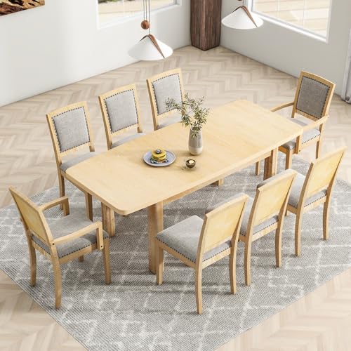 Dining Table Set for 8, Extendable Dining Table Set with Removable Leaf, Kitchen Table Set with Upholstered Side Chair and Arm Chair for Dining Room
