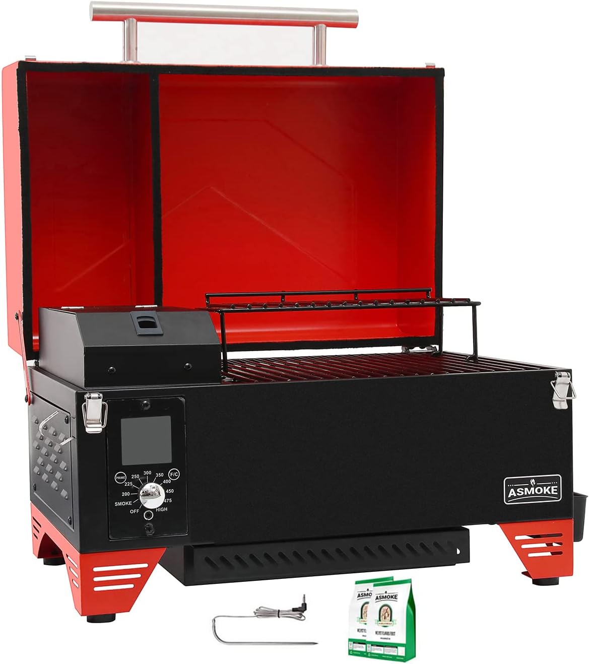 ASMOKE Portable Pellet Grill - AS300 - Electric Smoker Grill with Smart Meat Probe - Camping BBQ w/ 256 Sq. In Cooking Area - Small Pellet Grill with Waterproof Cover - Red