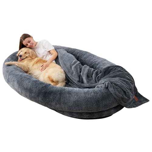Homguava Large Human Dog Bed 72"x48"x10" Human-Sized Big Dog Bed for Adults&Pets Giant Beanbag Bed with Washable Fur Cover,Blanket and Strap (Large, Black)