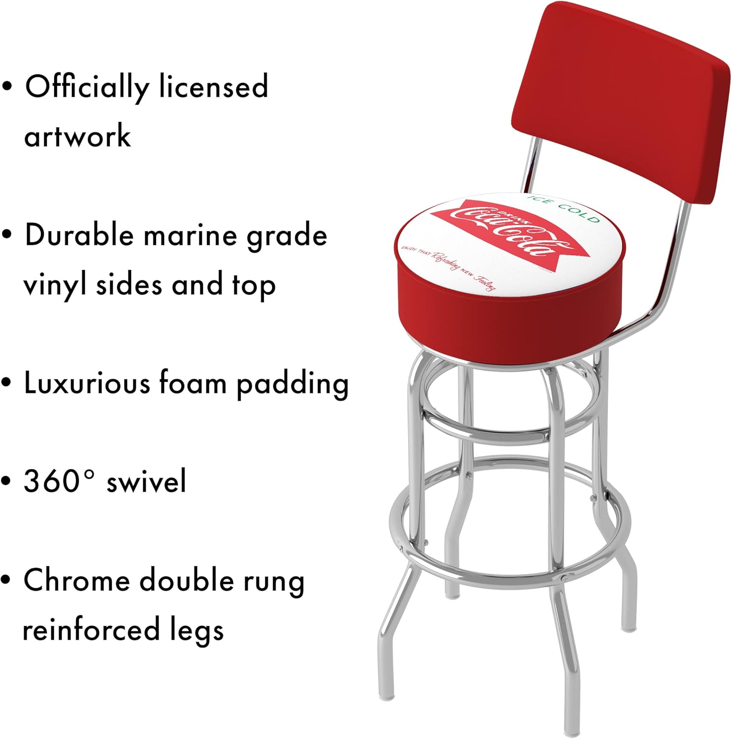 Bar Stool - Coca-Cola Ice Cold Design Stool with Foam Padded Seat and Back - Swivel Chair for Game Room, Garage, or Home Bar by Trademark Gameroom