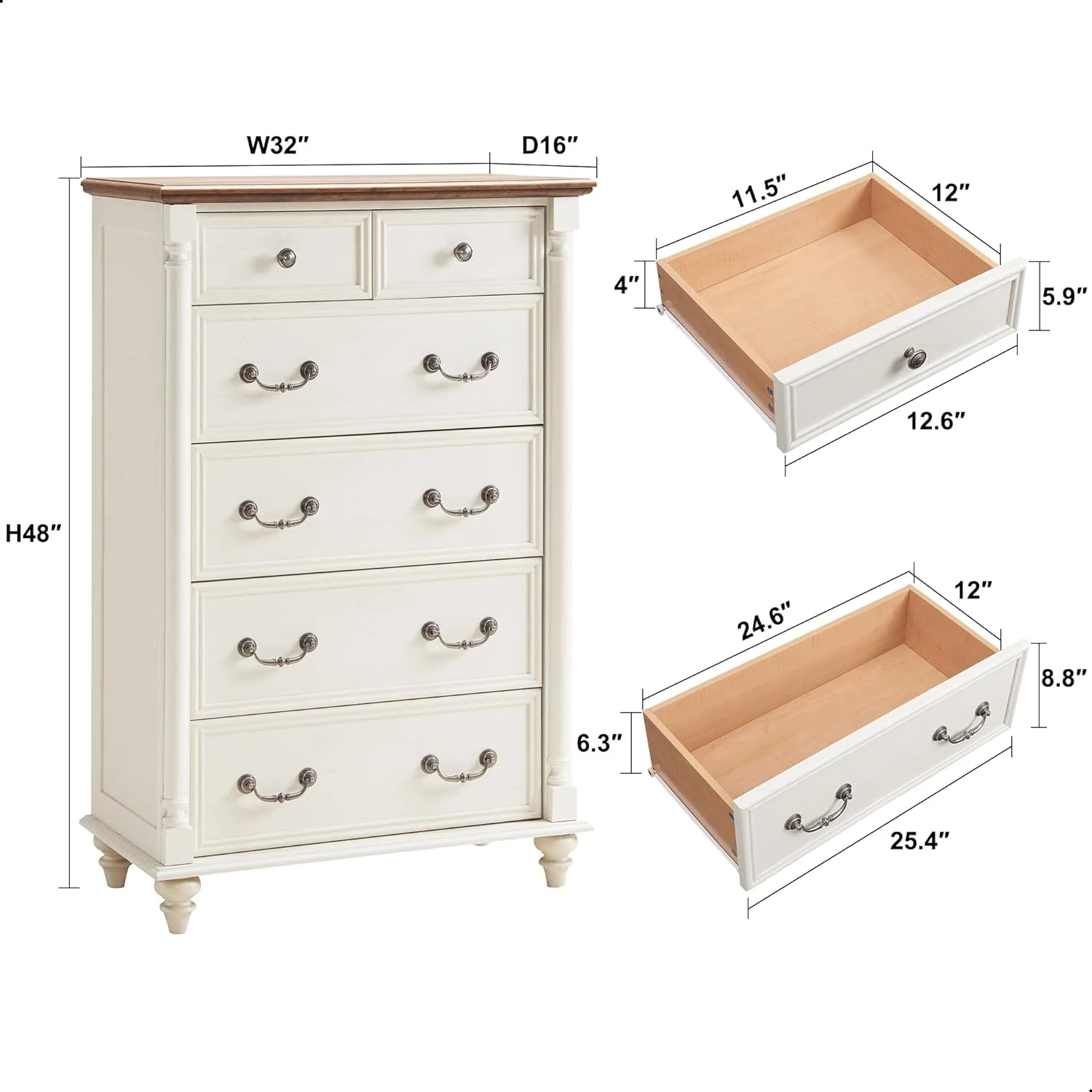 OKD Farmhouse Dresser Chests of 6 Drawers for Bedroom,Dresser Storage Organizer for Living Room, Antique White