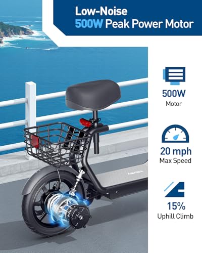 Hiboy Q2 Electric Scooter with Seat for Adults, 500W Peak Motor, 20MPH, 22 Miles Range, Foldable, Dual Suspension, Front & Rear Drum Brakes, Commuter E Scooter with Basket & Phone Holder