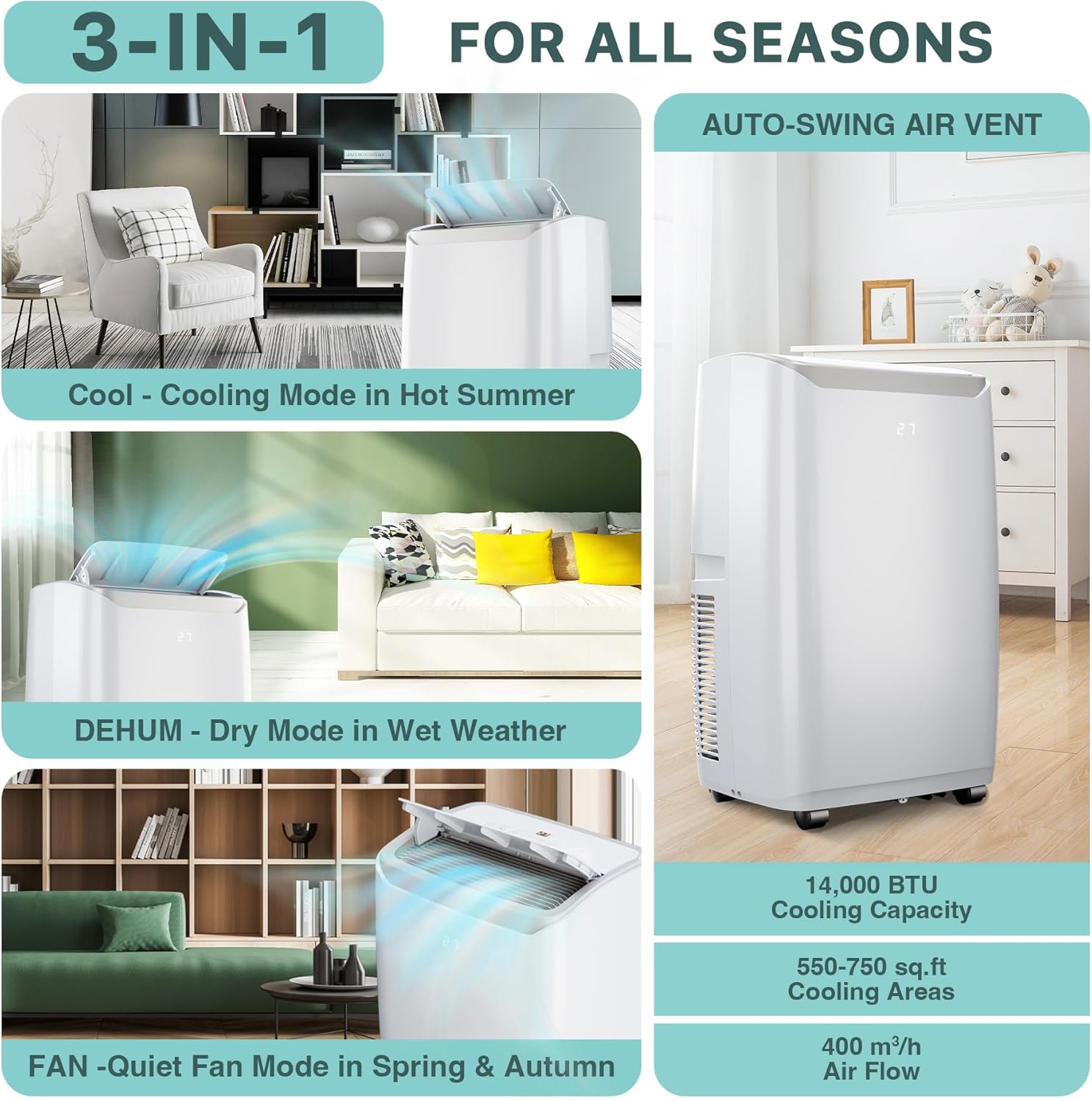 Portable Air Conditioners, 14,000 BTU Room AC Unit Portable With 4 Modes, Remote Controller,Up to 700 Sq.Ft, White