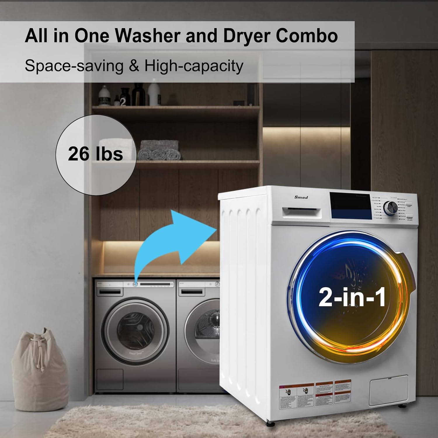 All in One Washer and Dryer Combo,Compact Washer Dryer Combo 24 inch, 2.7 cu.ft. 26 lbs Front Load Washer Dryer in One for Laundry,Apartment,Dorm,Child Lock,LED Display,1400 RPM,16 Cycles
