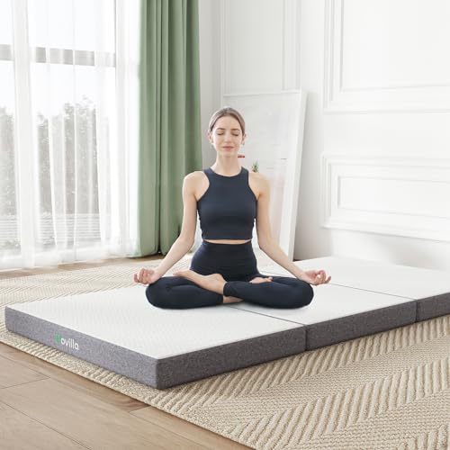 Novilla Tri Fold Mattress Queen, 4 Inch Memory Foam Foding Mattress,Portable Trifold Mattress with Removable Cover for Floor, Foldable Mattress,Non Slip Bottom Camping Mattress, Queen Size