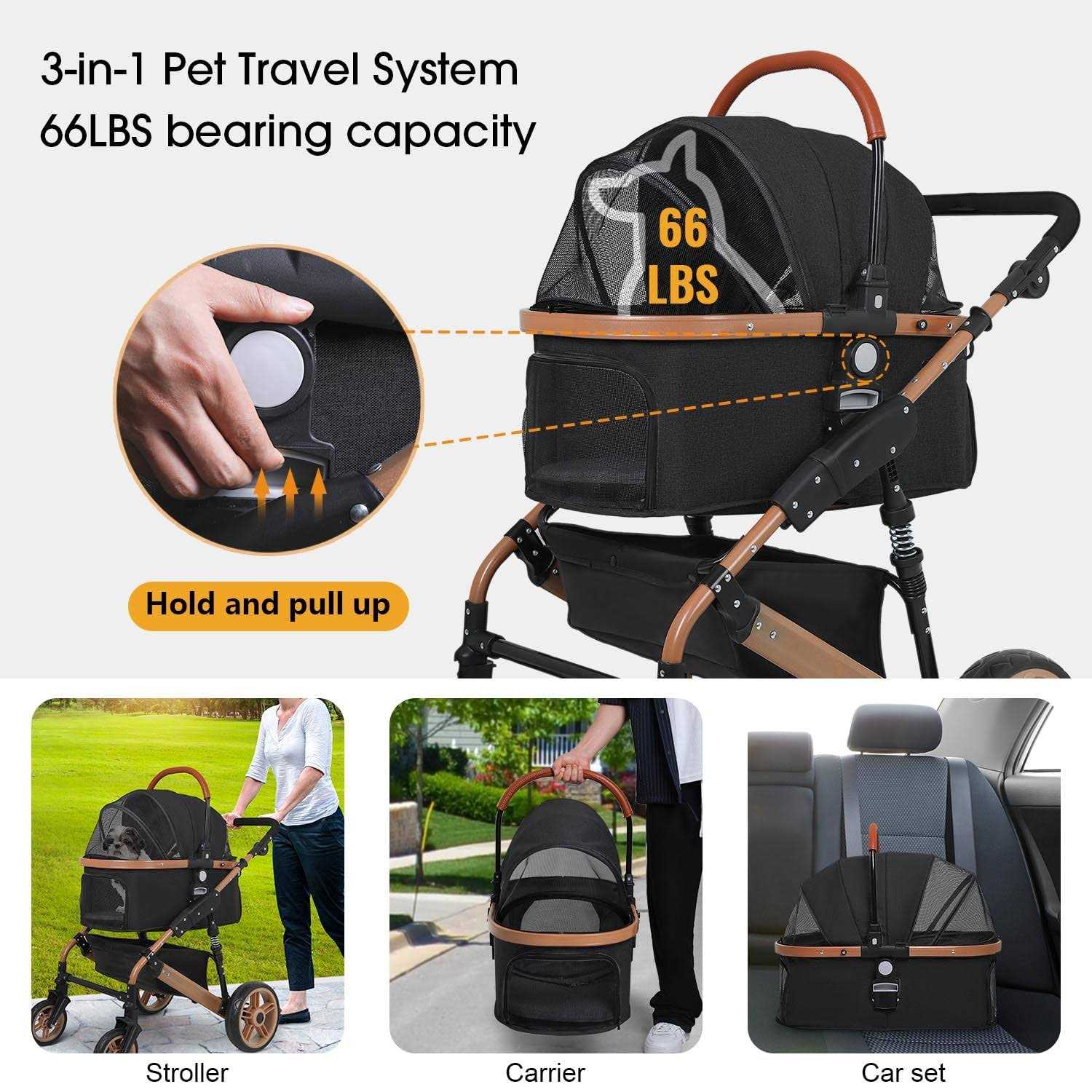 BestPet Pet Stroller Premium 3-in-1 Multifunction 4 Wheels Dog Cat Stroller for Large Medium Dogs Cats Aluminium Frame Folding Lightweight Travel