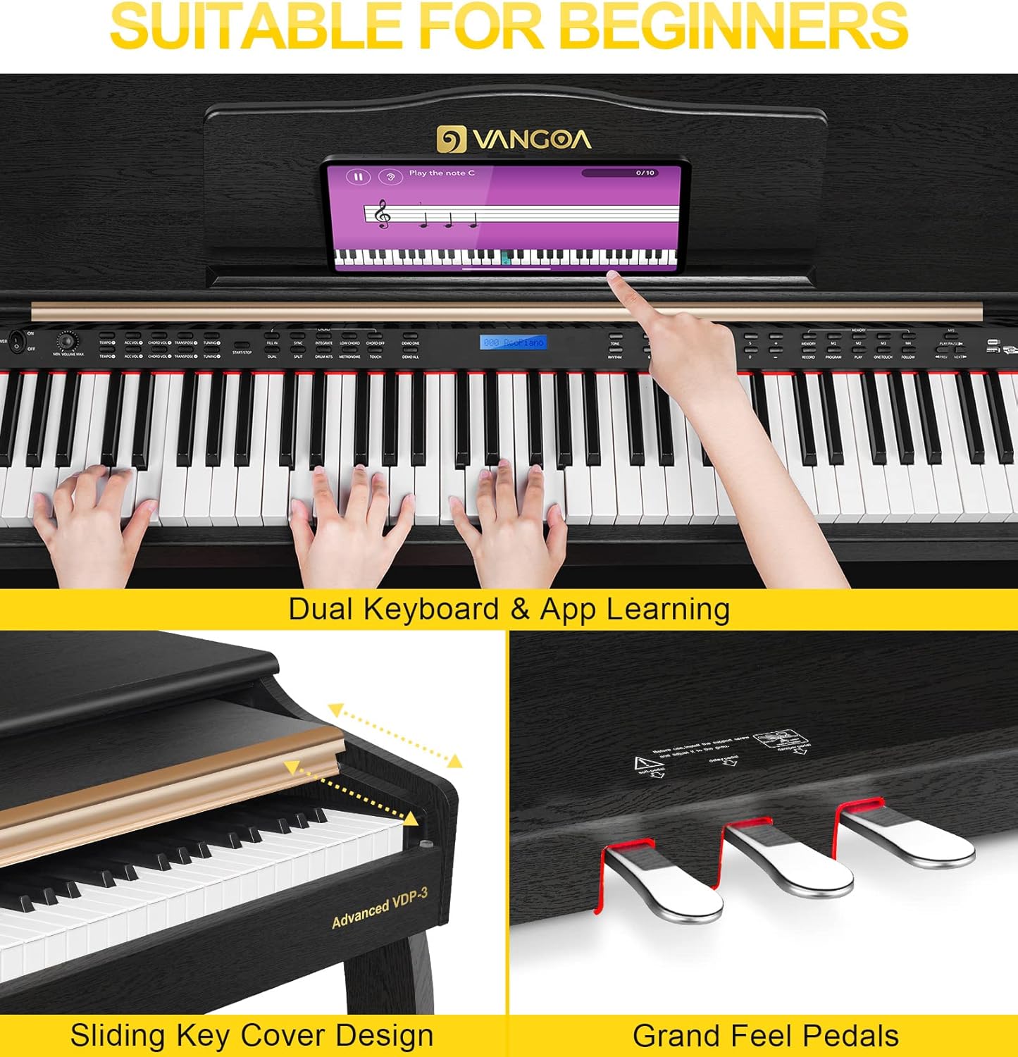 Digital Piano, 88 Key Weighted Home Piano Bundle for Beginner Professional with Furniture Stand, Slide Key Cover, Black, by Vangoa