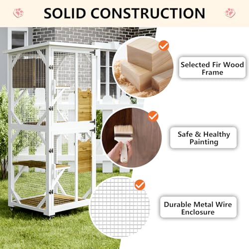 LEMBERI Cat House Outdoor Catio Cat Enclosures on Wheels, 71" Large Outside Patio Wooden Cat Cage Resting Box,Scratching Post, Waterproof Roof (Gray, 71")