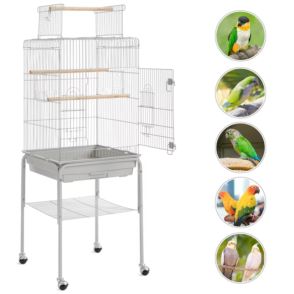 Alden Design 53.5" Metal Rolling Bird Cage with Play Top Stand, Light Gray - Curated Treasures Market