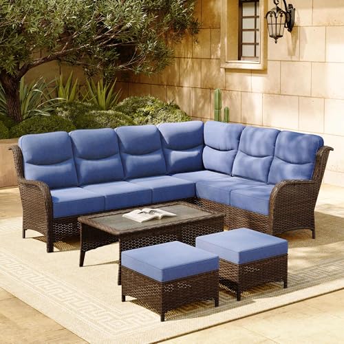 Luxury Patio Furniture Set with 6-inch Thick Cushion, Outdoor Couch and High Back Swivel Rocker Patio Chairs, 7PCS Wicker Conversation Set for Deck, Yard, and Poolside in Blue (V2)