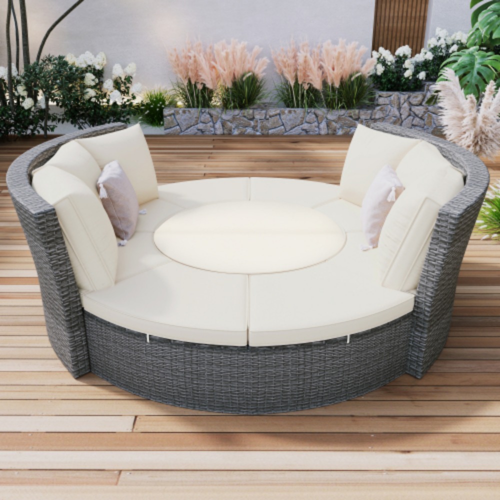 TOPMAX Patio 5-Piece Round Rattan Sectional Sofa Set All-Weather PE Wicker Sunbed Daybed with Round Liftable Table and Washable Cushions for Outdoor Backyard Poolside Beige + Rattan + Foam